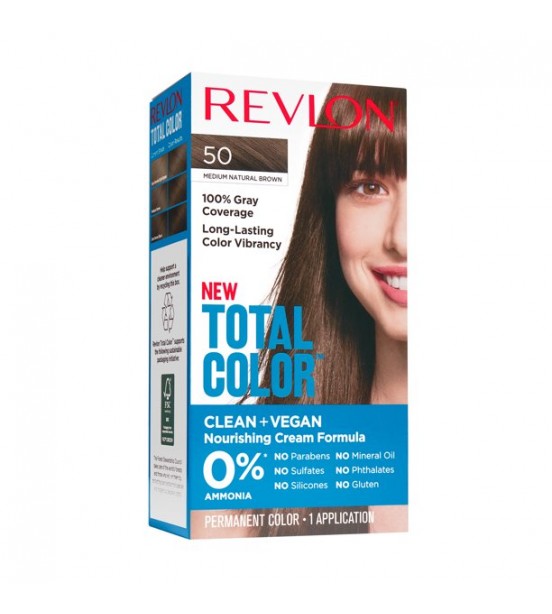 Revlon Total Color Permanent Hair Color, Clean and Vegan, 100% Gray Coverage Hair Dye, 50 Medium Natural Brown, 5.94 fl oz