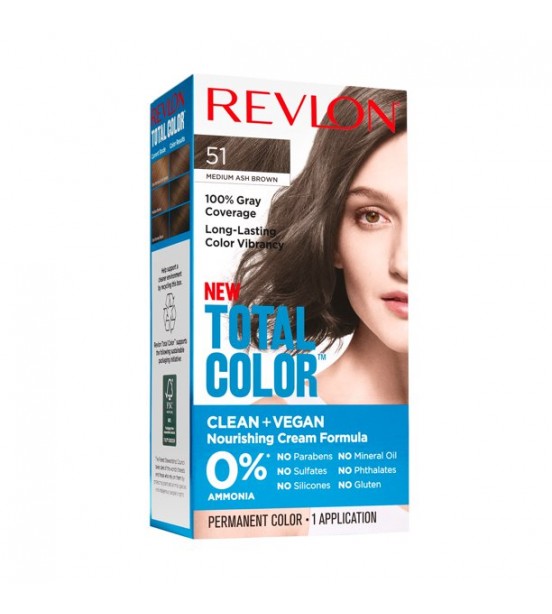 Revlon Total Color Permanent Hair Color, Clean and Vegan, 100% Gray Coverage Hair Dye, 51 Medium Ash Brown, 5.94 fl oz