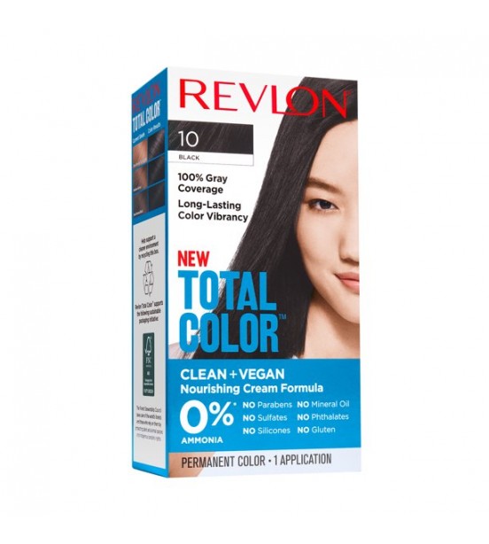 Revlon Total Color Permanent Hair Color, Clean and Vegan, 100% Gray Coverage Hair Dye, 10 Black, 5.94 fl oz