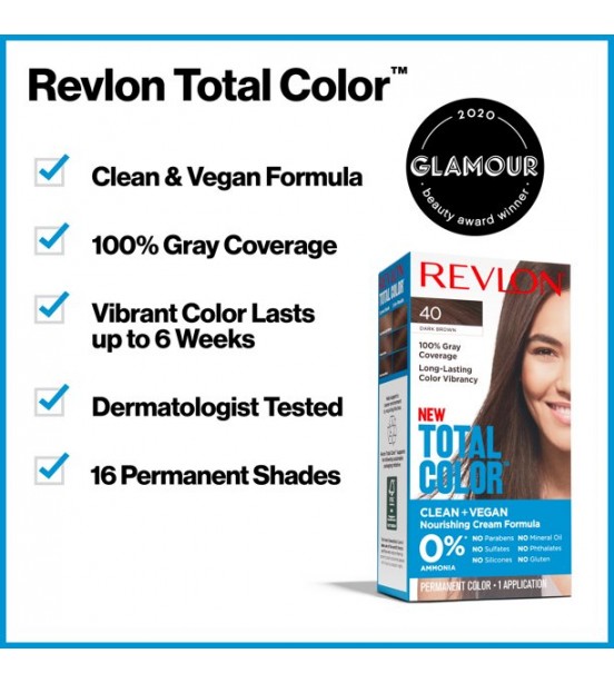 Revlon Total Color Permanent Hair Color, Clean and Vegan, 100% Gray Coverage Hair Dye, 40 Dark Brown, 5.94 fl oz