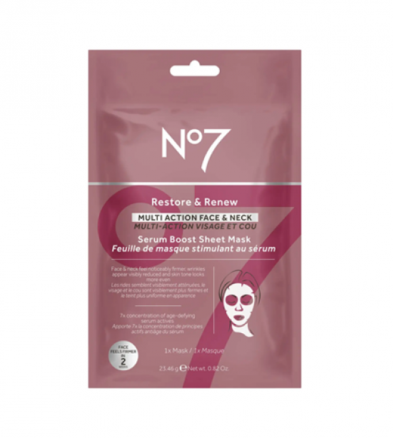 No7 Restore & Renew Multi Action Face & Neck Serum Boost Sheet Mask 0.82 oz