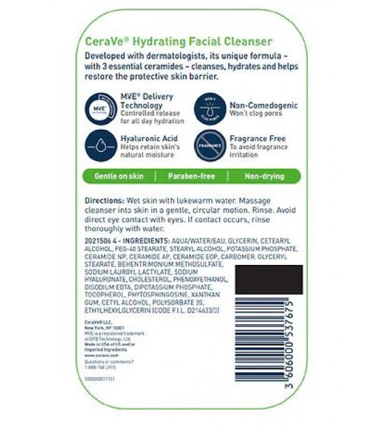 CeraVe Hydrating Facial Cleanser Fragrance Free with Hyaluronic Acid